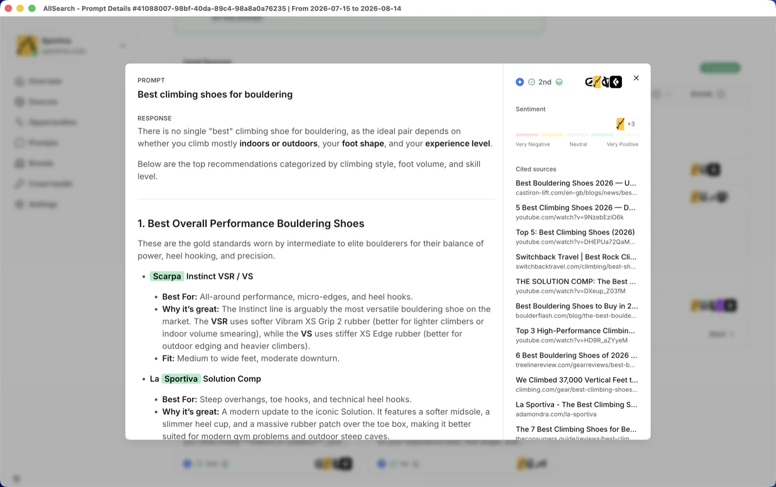 AllSearch prompt drill-down, showing an AI response with sentiment and cited sources